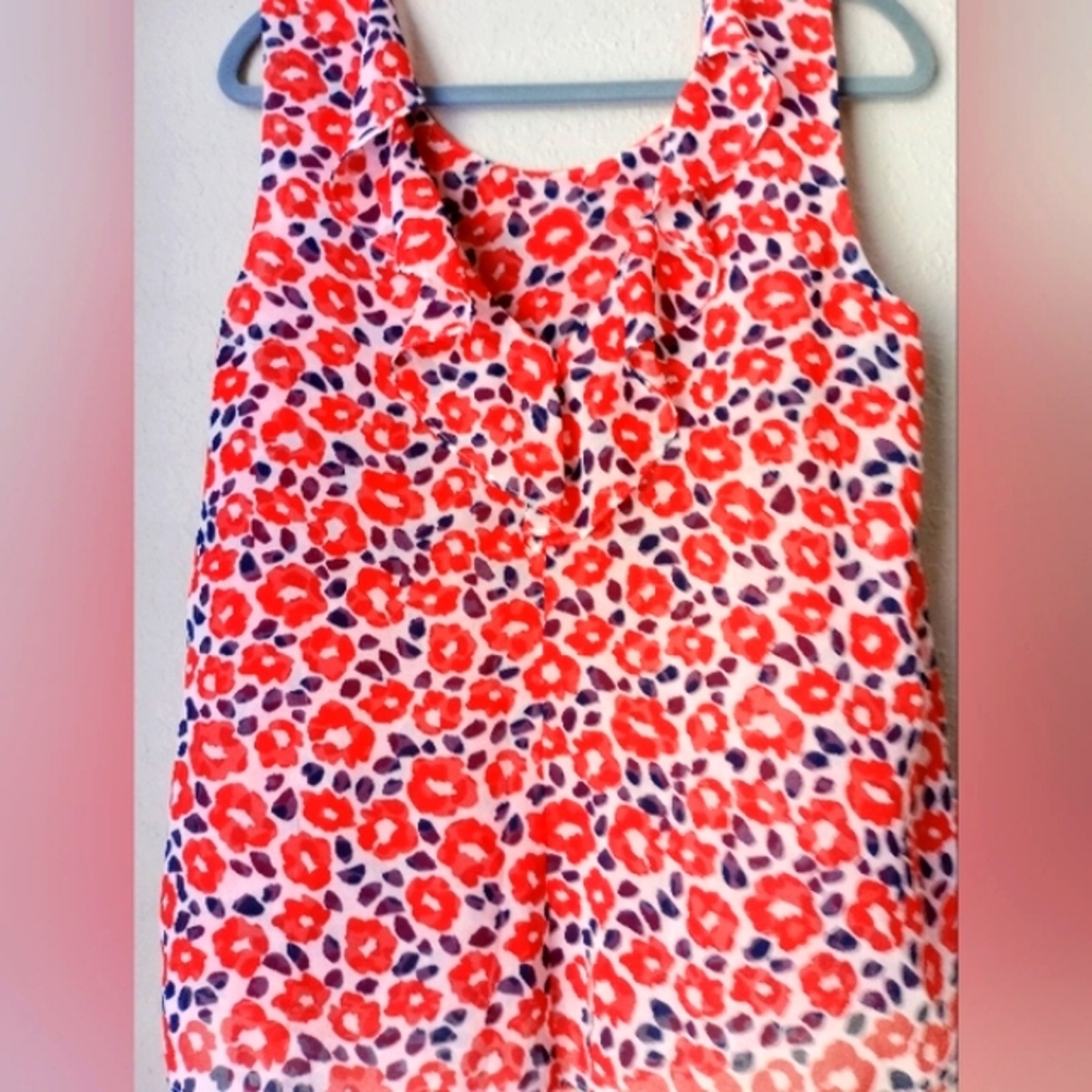 CAbi Women's Vibrant Red and Navy Blue Floral Sheer Top Blouse Size L - Picture 4 of 8